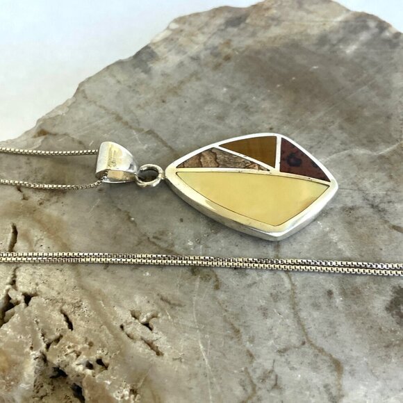 Sterling Silver 925 Mother Of Pearl Jasper Tigers Eye Inlay Pendants Necklace - Picture 5 of 16